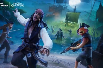 A promotional Fortnite x Pirates of the Caribbean render featuring Captain Jack Sparrow on a beach running from Davy Jones and a ghostly ship. Elizabeth Swann and Fishstick can be seen next to Jack, and various Fortnite characters are visible in the green ghostly smog atop the water
