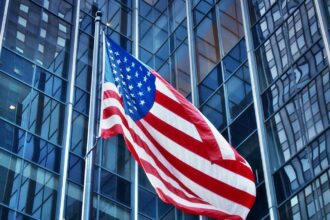 American Business. American Flag, Modern Financial Building, Conceptual View