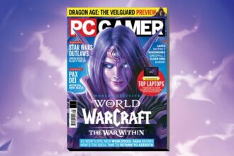 The cover of PC Gamer 399, showing an image of a World of Warcraft Dark Elf behind the words