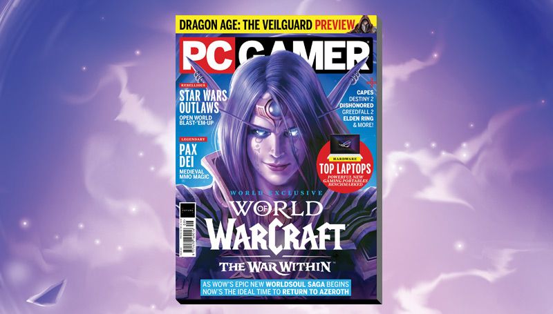 The cover of PC Gamer 399, showing an image of a World of Warcraft Dark Elf behind the words