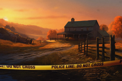 Blue Scarab game image of a cabin in a field surrounded by police tape at sundown