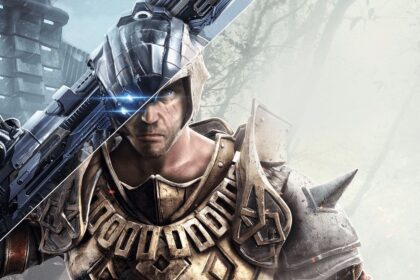 Elex 2 website background image - split image of man wearing sci-fi and fantasy armor