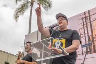 Duncan Crabtree-Ireland speaks at the SAG-AFTRA Los Angeles Solidarity March and Rally on September 13, 2023.