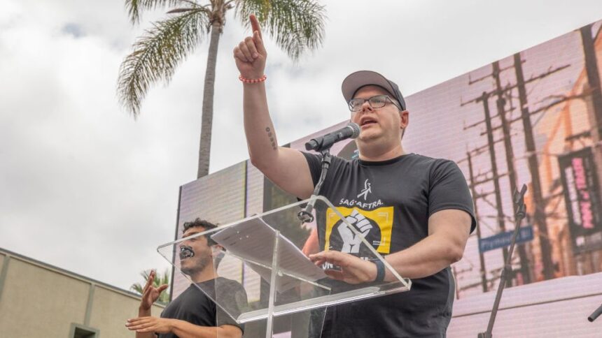 Duncan Crabtree-Ireland speaks at the SAG-AFTRA Los Angeles Solidarity March and Rally on September 13, 2023.