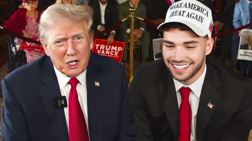 Donald Trump looks into the camera on a stream with Adin Ross, who is wearing a white