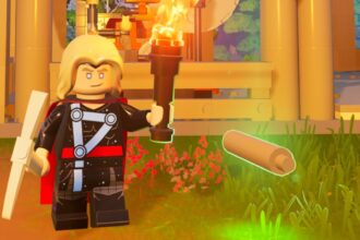 A screenshot of LEGO Fortnite. Thor is stood next to a Knotroot Rod