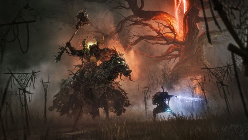 Lords of the Fallen (2023) promotional image - very large man with a very large hammer on a very large horse charging a very small man with a very small magic sword