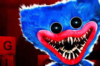 Fuzzy children's show character with blue fur but rendered monstrous with void eyes and rows of shark teeth