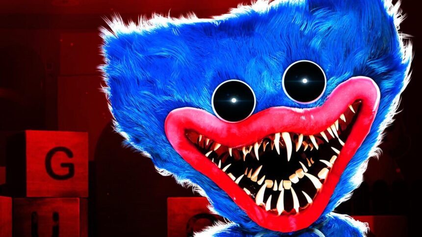 Fuzzy children's show character with blue fur but rendered monstrous with void eyes and rows of shark teeth