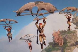 Lost Skies - in-game characters gliding on primitive parachutes