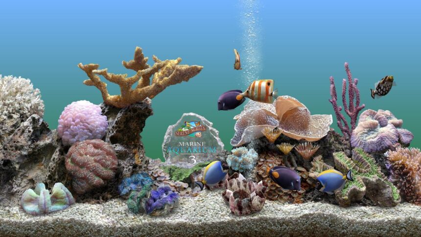 Image of a digitally-rendered aquarium screensaver including the SereneScreen logo in the center