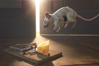 A conceptual image illustrating strategy and risk with a white mouse hanging mid-air in a harness, wearing a communication headset with earpiece and microphone being lowered towards a primed mousetrap load with Swiss cheese on a tiled floor. Light From a slightly ajar door illuminates the scene.