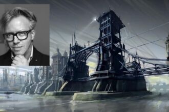 Image of artist Viktor Antonov superimposed over a concept art piece depicting a suspension bridge in Dishonored