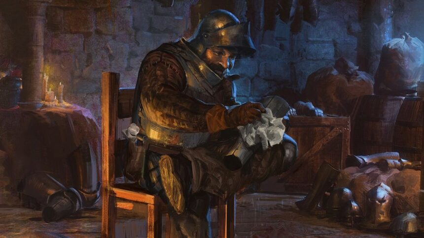 Dark and Darker image - guy in a suit of armor polishing some silver