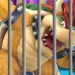 A picture of Bowser behind jail bars.