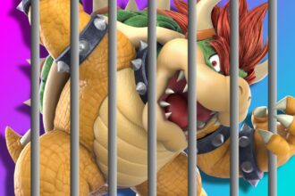 A picture of Bowser behind jail bars.