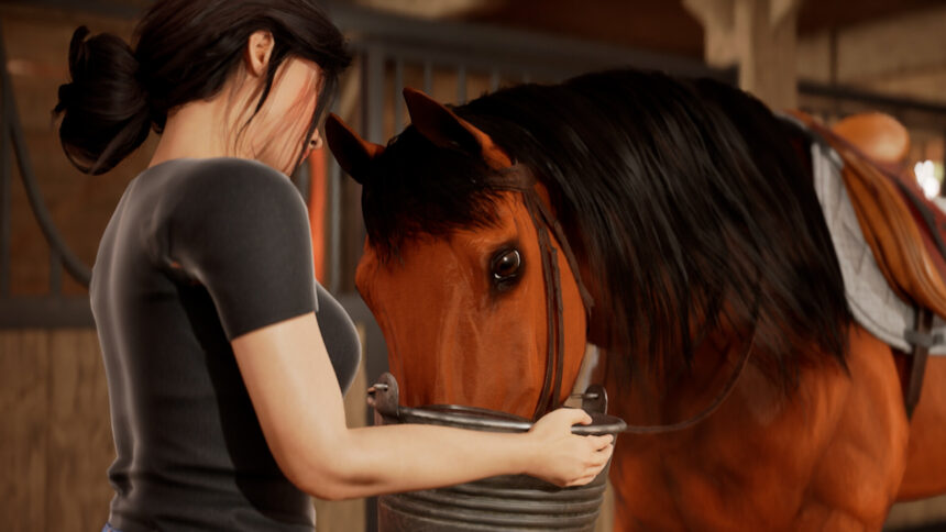 A horse-rider from Equinox: Homecoming feeds their trusty steed.