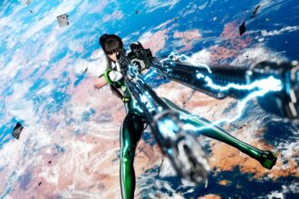 Eve from Stellar Blade aiming two huge guns