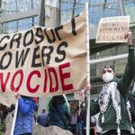 Pro-Palestinian demonstrators protest outside the Microsoft Build conference at the Seattle Convention Center in Seattle, Washington on May 19, 2025. (Photo by Jason Redmond / AFP) (Photo by JASON REDMOND/AFP via Getty Images)