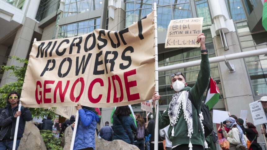 Pro-Palestinian demonstrators protest outside the Microsoft Build conference at the Seattle Convention Center in Seattle, Washington on May 19, 2025. (Photo by Jason Redmond / AFP) (Photo by JASON REDMOND/AFP via Getty Images)