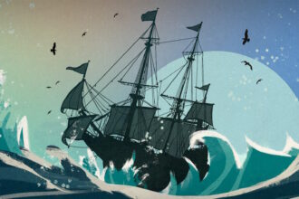 Campfire Cabal &quot;Sunstone Teaser&quot; image - hand-drawn tall ship in high seas
