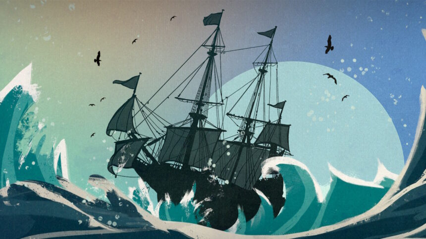 Campfire Cabal &quot;Sunstone Teaser&quot; image - hand-drawn tall ship in high seas