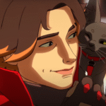 Sparrow, a character in Apex Legends, looks with a warm smile to their feline companion.