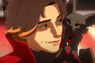 Sparrow, a character in Apex Legends, looks with a warm smile to their feline companion.