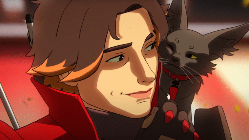 Sparrow, a character in Apex Legends, looks with a warm smile to their feline companion.