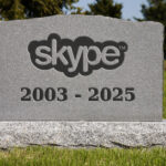 A tombstone etched with the Skype logo and the dates 2003 - 2025.