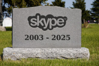 A tombstone etched with the Skype logo and the dates 2003 - 2025.