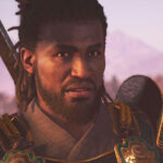 Assassin's Creed Shadows Yasuke unlock - A close-up of Yasuke talking, wearing armour and with a rifle on his back.