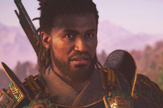 Assassin's Creed Shadows Yasuke unlock - A close-up of Yasuke talking, wearing armour and with a rifle on his back.