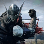 An Elden Ring Nightreign character clad in full armor, rearing back what looks to be a small crossbow before firing.