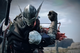 An Elden Ring Nightreign character clad in full armor, rearing back what looks to be a small crossbow before firing.