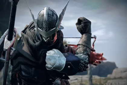 An Elden Ring Nightreign character clad in full armor, rearing back what looks to be a small crossbow before firing.