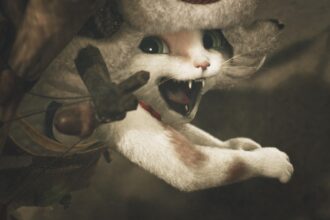 A Palico with its mouth open in a manic grin in Monster Hunter Wilds.