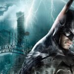 Batman the superhero standing in front of Arkham Asylum's gates in the rain.