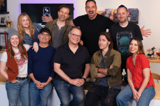 An image of the Critical Role crew posing with senior designers Jeremy Crawford and Chris Perkins, former employees of Wizards of the Coast.