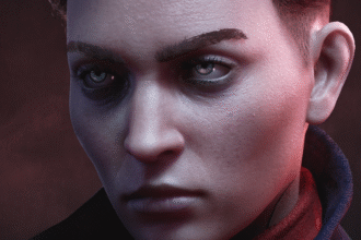 Phyre, the Elder Kindred from Vampire: The Masquerade - Bloodlines 2, stares intently at something in the distance, a frown writ into their forehead.