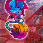 Pipstrello and the Cursed Yoyo character, swinging a yoyo, on top of a collage of other recent PC games.