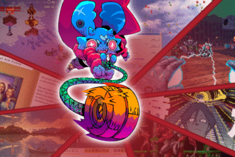Pipstrello and the Cursed Yoyo character, swinging a yoyo, on top of a collage of other recent PC games.