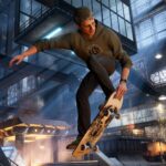 Tony Hawk from the new remake of Tony Hawk's Pro Skater 3+4. He's jumping in the air with his skateboard, holding onto the front as he prepares to land.