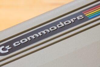 A close-up of the logo on a Commodore 64.