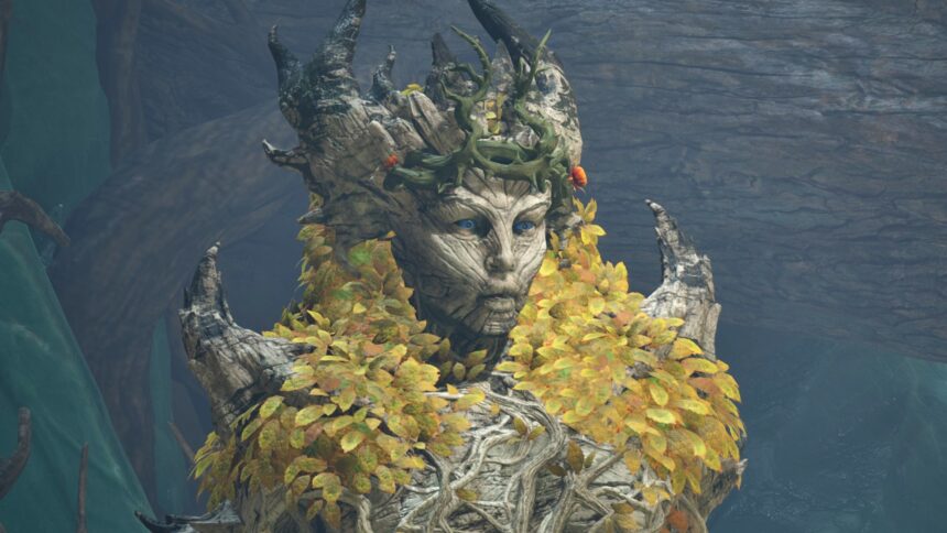 Avowed - The Delemgan Queen, a magical humanoid creature with bark skin, leaf accents, and twisted root horns and crown